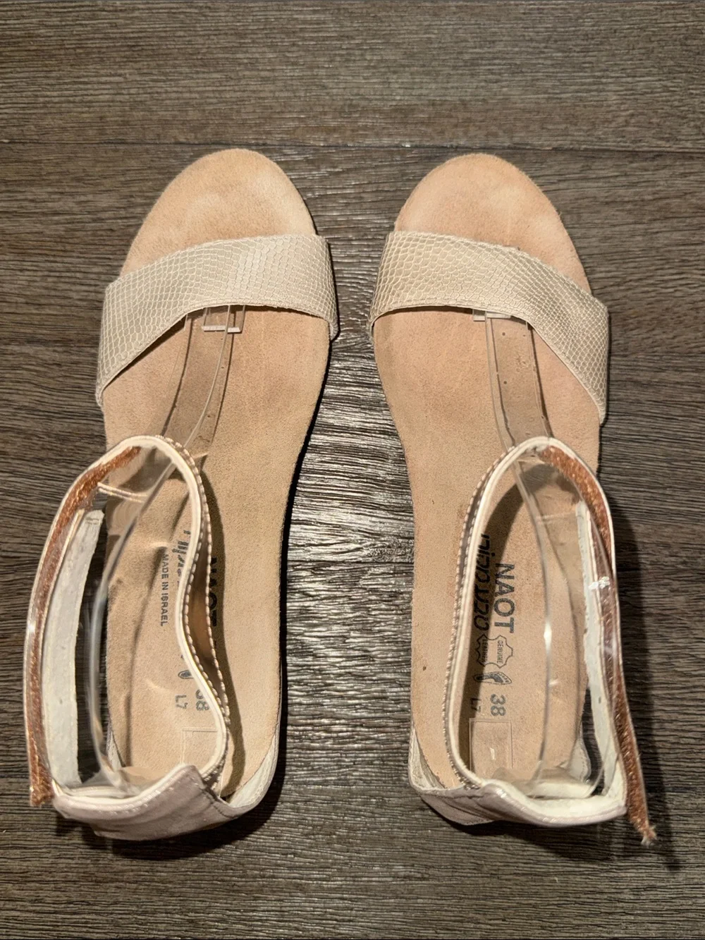 Naot Pixie Wedge Sandal Beige Lizard Silver Threads Rose Gold Leather